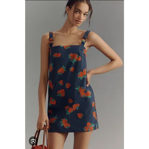 Anthropologie Dresses & Skirts - Anthropologie Maeve Square Neck Shift Strawberry Dress size Small In BlueBy